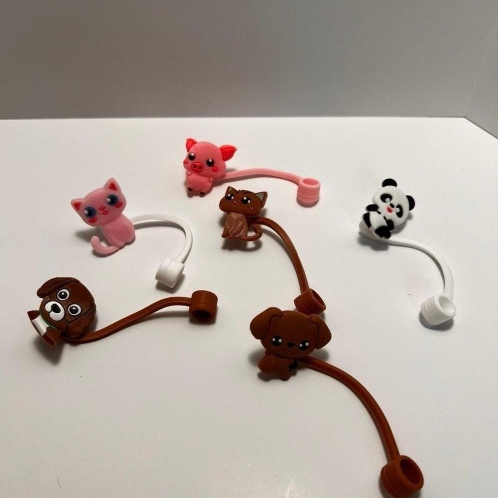 Unbranded Straw Toppers Kids OS Multicolor New Animal Silicone 6pc Set